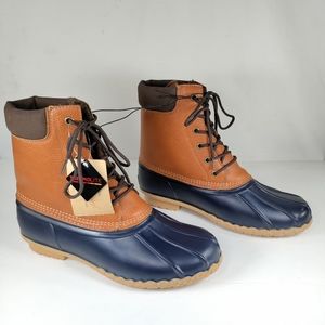 Weatherproof Leather Duck Boots Adam2 Mens 9M Thermolite Core Tan Navy Blue NEW